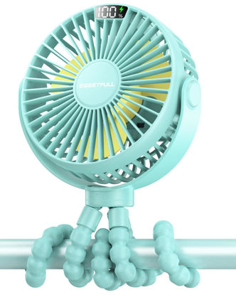 Picture of SWEETFULL Portable Stroller Fan with LED Display 4000mAh Battery Powered Mini Clip Fan, 4-Speed Rechargeable Small Personal Fan Handheld Desk Cooling Fan for Car Seat Crib Treadmill Travel-Cyan