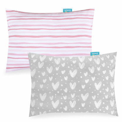 Picture of Biloban Organic Cotton Toddler Pillowcase 2 Pack, (Pillowcase Only) Kids Pillowcase for Sleeping Fit Pillow Sized 13"x 18" or 14"x19", Envelope Travel Pillowcase for Girl Boy, Gray Heart & Pink Strip