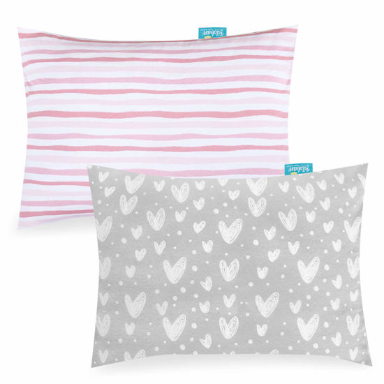 Picture of Biloban Organic Cotton Toddler Pillowcase 2 Pack, (Pillowcase Only) Kids Pillowcase for Sleeping Fit Pillow Sized 13"x 18" or 14"x19", Envelope Travel Pillowcase for Girl Boy, Gray Heart & Pink Strip