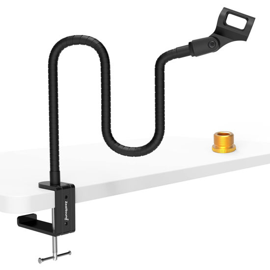 Picture of ZealSound Microphone Arm Stand,19 Inch Long Universal Gooseneck Desktop Mic Stand with 3/8" to 5/8" Adapter and Microphone Clip Holder, Upgraded Heavy Duty Desk Clamp for Blue Snowball Ice Mics Spark