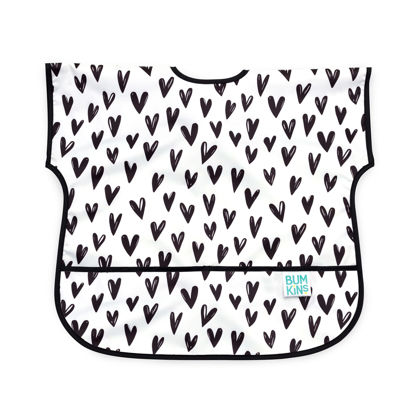 Picture of Bumkins Short Sleeve Bib for Girl or Boy, Toddler and Kids for 1-3 Years, Large Size, Essential Must Have for Junior Children, Eating, Mess Saving Soft Fabric Apron for Play, Heart Black and White
