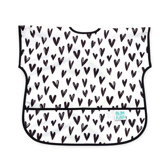 Picture of Bumkins Short Sleeve Bib for Girl or Boy, Toddler and Kids for 1-3 Years, Large Size, Essential Must Have for Junior Children, Eating, Mess Saving Soft Fabric Apron for Play, Heart Black and White