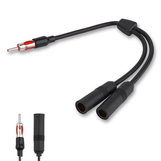 Picture of icykale 1 PC Car Radio Antenna Connector, 3C2V One Male to Two Female Y-Type 12V Plug-in Audio Antenna Splitter Connector Adapter, Automotive GPS Navigation System Antenna Extension Cable (Black)