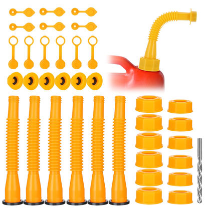 Picture of Gas Can Spout Replacement - 6 Kit Fuel Can Tank Nozzle with Gasket for 1/2/5/10 Gal Oil Cans, Easy to install, Durable Anti-Spill with Screw Collar Caps, Spout Cover, Base Cap, Drill Bit