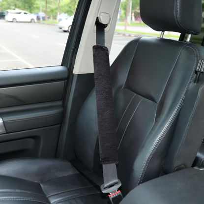 Picture of Amooca Soft Faux Fur Universal Fit Seatbelt Cover Car Truck SUV Airplane Seat Belt Shoulder Pad for Carmera Backpack Straps Neck Cushion Protector Extra Long 19.7in Black
