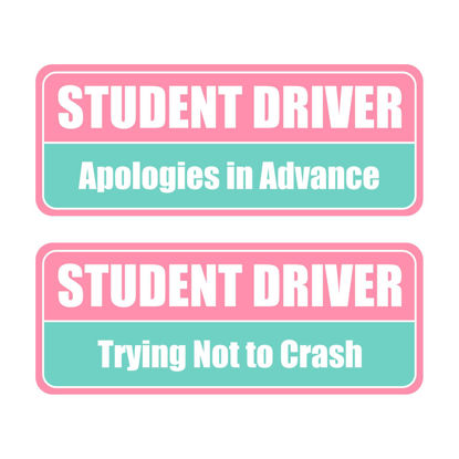 Picture of Lusinus Pink Student Driver Magnet for Car - 2-Pack Reflective Magnetic Bumper Sticker Set - Removable Novice Driver Safety Attention Sign - Weather-Resistant 10 x 3.5