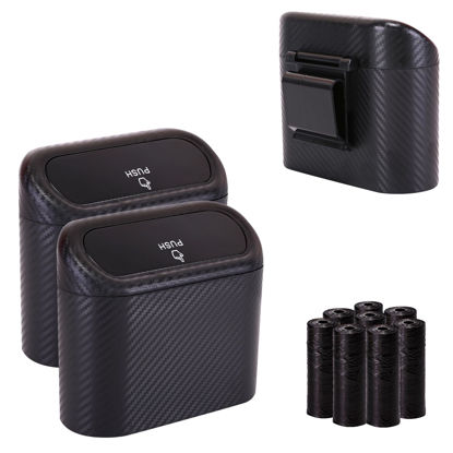 Picture of Ginsco 2 Pack Mini Car Trash Can with Lid, Small Car Garbage Can, Cute Leakproof ABS Car Trash Bin, Car Accessories for Interior, Garbage Bin for Car, Home, Office with 120pcs Trash Bags Carbon Fibre
