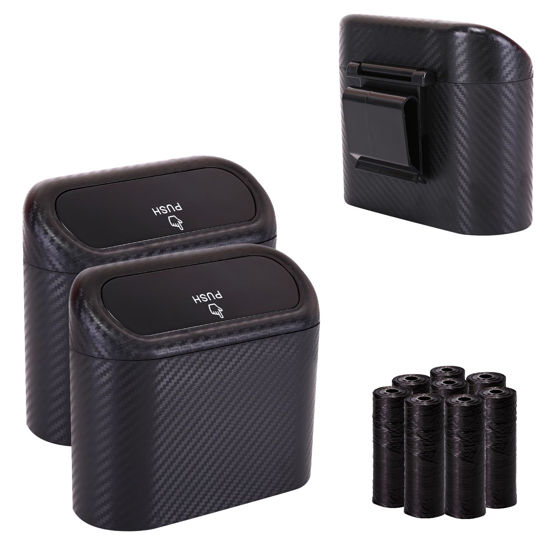 Picture of Ginsco 2 Pack Mini Car Trash Can with Lid, Small Car Garbage Can, Cute Leakproof ABS Car Trash Bin, Car Accessories for Interior, Garbage Bin for Car, Home, Office with 120pcs Trash Bags Carbon Fibre