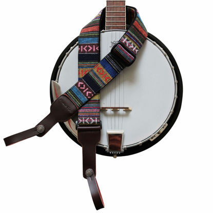 Picture of MUSIC FIRST Original Design, 2 inch width (5cm), Classic Country Style Yarn-dyed fabric & Genuine Leather Delux Banjo Strap, With 2 pieces of MUSIC FIRST Leather Strap Locker. (Classic Country Style)