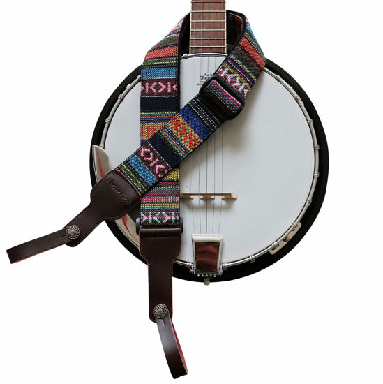 Picture of MUSIC FIRST Original Design, 2 inch width (5cm), Classic Country Style Yarn-dyed fabric & Genuine Leather Delux Banjo Strap, With 2 pieces of MUSIC FIRST Leather Strap Locker. (Classic Country Style)
