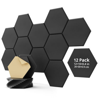 Picture of 12 Pack Acoustic Panels Sound Absorbing, Self Adhesive Sound Proof Panels, Hexagon High Density Sound Deadening Panels, 12"X10"X0.4" Wall Decor for Bedroom,Home,Studio,Office(Black)