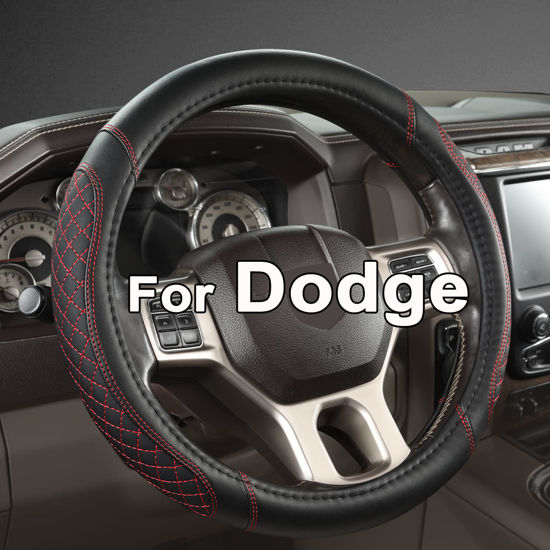 Picture of West Llama Customized Auto Car Steering Wheel Cover for Dodge 1989-2011 RAM 1500 2500 3500, Charger, Durango, Challenger (Diamond Quilted-Black+Red-Standard Size)