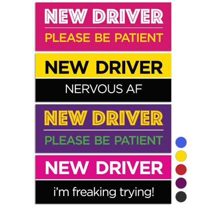Picture of Rio Salto 4-Pack Large New Driver Car Magnet Please Be Patient Magnet Permit Student Driver Magnets Sticker Cool Prank Rookie Funny Magnetic Car Accessories Bumper Nervous AF Pink Purple