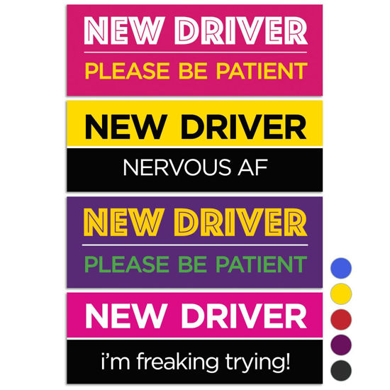 Picture of Rio Salto 4-Pack Large New Driver Car Magnet Please Be Patient Magnet Permit Student Driver Magnets Sticker Cool Prank Rookie Funny Magnetic Car Accessories Bumper Nervous AF Pink Purple