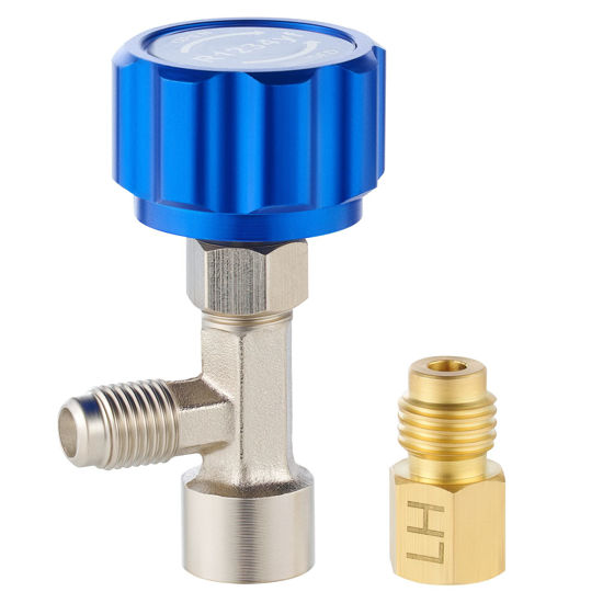 Picture of Orion Motor Tech R1234yf Self Sealing Can Tap, for Self Sealing R1234yf Refrigerant Recharge, Self Sealing R1234yf Refrigerant Dispenser with 1/4" to LH Threading 1/2" Adapters for Refilling AC System