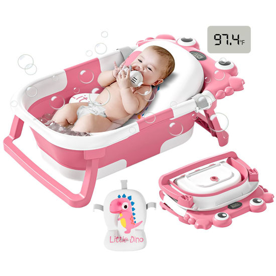 Picture of Collapsible Baby Bathtub for Newborns to Toddler with Real-time Temp Monitor & Floating Cushion,Portable Travel Tub for 0-36 Month, Foldable Baby Bath Tub for Infants Girl (Pink)