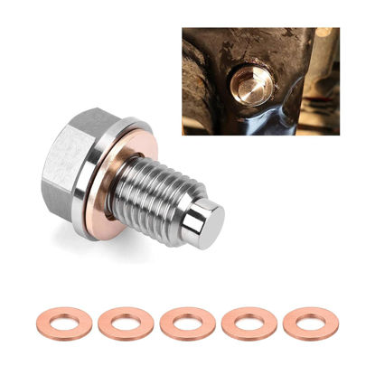 Picture of Dickno M14×1.5 Magnetic Oil Drain Plug, Aluminum Stainless Steel Sump Drain Nut Bolt with 5 Copper Crush Washer, Universal Leak-proof Replacement Car Accessories for Most Vehicles