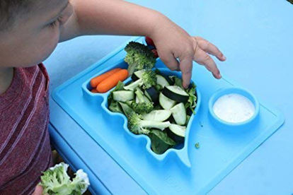 Picture of Discontinued! Silicone Placemat Toddler Plates - The Happy Good Dino Pad - from Freezer to Microwave to Table. Fits in a Ziplock Bag. (Green)