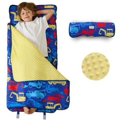 Picture of beeweed Toddler Nap Mat, Rollup Design Kid Sleeping Mat with Removable Pillow & Minky Blanket, Toddler sleeping bag for Daycare Preschool Travel Camping, Excavator
