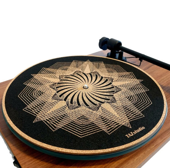 Picture of TAZstudio Cork Turntable Mat for Better Sound Support on Vinyl LP Record Player - Original Geometric Design Psychedelic Geometric Black Light Art [4mm Thickness]-m5