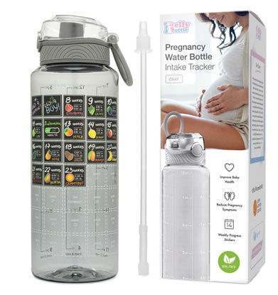Picture of BellyBottle Pregnancy Water Bottle Tracker - Pregnancy Must Haves - Pregnancy Gifts for Expecting Mom - Pregnancy Essentials Nausea Relief - Weekly Stickers + Straw + BPA Free - Gray
