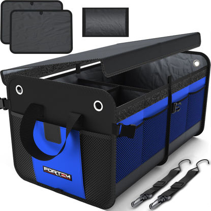 Picture of FORTEM SUV Trunk Organizer, Car Organizer, Collapsible Multi-Compartment Storage Bag for Car Accessories for Women Men, Non Slip Bottom, Adjustable Straps, Foldable Cover 50L (Standard, Blue)