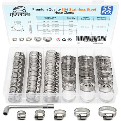 Picture of 55 Pack Stainless Steel Hose Clamps Assortment Kit, 1/4 inch to 1-1/8 inch Worm Gear Metal Hose Clamps for Pipe, Dryer Repair, Tubing and Fuel Line