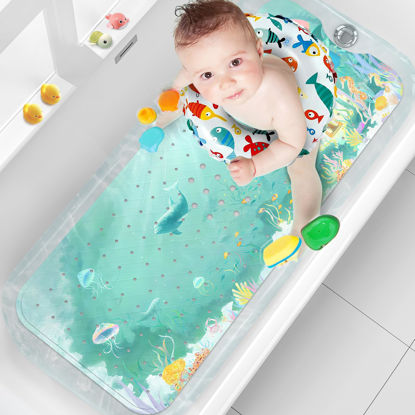 Picture of XIYUNTE Baby Bath Mat for Kids, 40x16 Inches Extra Long Baby Bath Mat Non Slip, Upgrade Cartoon Kids Bath Mat for Tub Non Slip Shower Mat with Suction Cups & Drain Holes, Machine Washable, Castle
