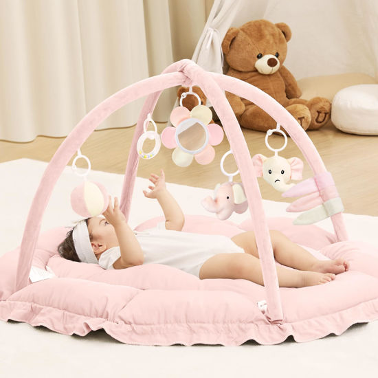 Picture of ANGELBLISS 5 in 1 Baby Play Gym Mat, Reversible Tummy Time Mat with 5 Sensory Toys for Stage-Based Developmental, Thick & Large Baby Activity Center from Newborn to Toddler (Pink)