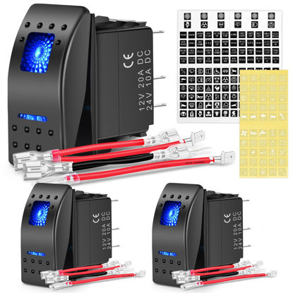 Picture of Nilight 3 Pack Rocker Switches with Night Glow DIY Stickers On Off 5 PIN SPST LED Light Switches with Blue Backlit 12V/24V Toggle Switches for Cars Trucks RVs Boats Auto Motorcycles