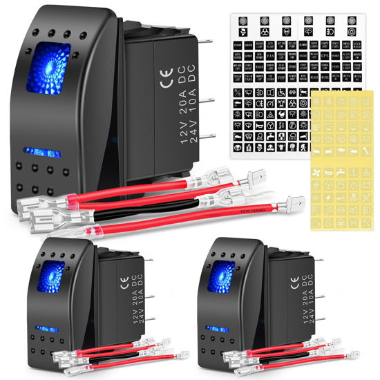 Picture of Nilight 3 Pack Rocker Switches with Night Glow DIY Stickers On Off 5 PIN SPST LED Light Switches with Blue Backlit 12V/24V Toggle Switches for Cars Trucks RVs Boats Auto Motorcycles