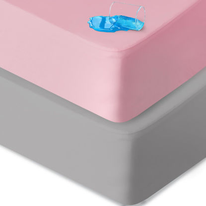 Picture of Waterproof Crib Mattress Sheet 2 Pack, Crib Mattress Protector, Fitted Crib Sheet, Ultra Soft & Breathable Toddler Bed Sheets for Boys and Girls, Grey & Pink