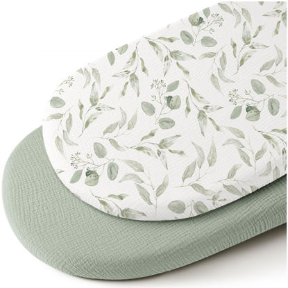 Picture of Konssy 2 Pack Muslin Fitted Bassinet Sheets for Baby Girl Boy, Soft Breathable Baby Bassinet Sheets Fit for Baby Bassinets, Cradle, Moses Basket Oval Rectangle Pad/Mattress (Green, Green Leaves)