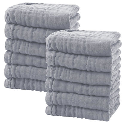 Picture of SWEET DOLPHIN 12 Pack Baby Muslin Washcloths - Soft Face Cloths for Newborn, Absorbent Bath Wash Cloths, Wipes, Burp Rag - Toddlers Essentials Stuff, Baby Registry as Shower -10"x10", Grey