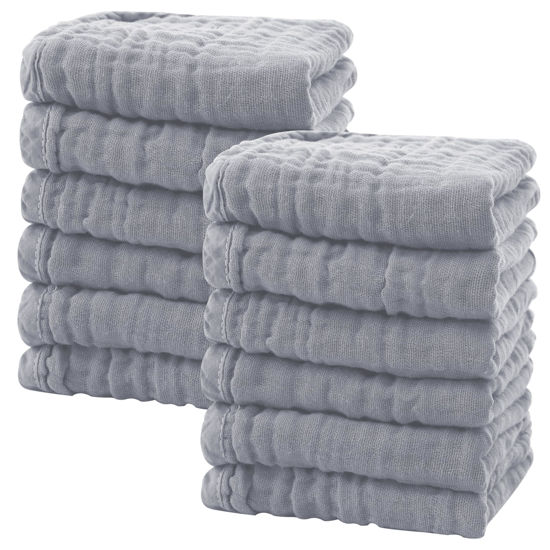 Picture of SWEET DOLPHIN 12 Pack Baby Muslin Washcloths - Soft Face Cloths for Newborn, Absorbent Bath Wash Cloths, Wipes, Burp Rag - Toddlers Essentials Stuff, Baby Registry as Shower -10"x10", Grey
