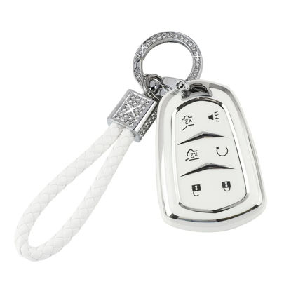 Picture of PIFOOG Escalade Key Fob Cover for Cadillac 6 Button Smart Keys Case Proector Accessories TPU Soft Bling Keychain White Silver Girly Cute for Cadillac Escalade ESV 2015-2020