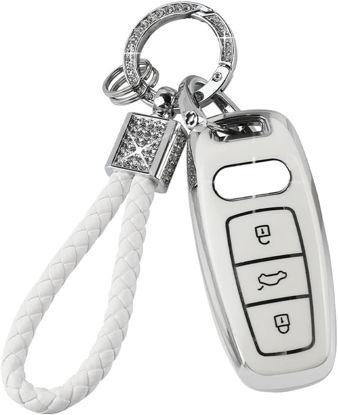 Picture of PIFOOG White Key Fob Cover for Audi A3 A6 A7 A8 Q7 Q8 E-Tron RS7 S6 S7 SQ7 SQ8 Accessories 3 Buttons Soft TPU Keys Case Shell Bling Keychain Lanyard Protection Girly Women