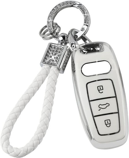 Picture of PIFOOG White Key Fob Cover for Audi A3 A6 A7 A8 Q7 Q8 E-Tron RS7 S6 S7 SQ7 SQ8 Accessories 3 Buttons Soft TPU Keys Case Shell Bling Keychain Lanyard Protection Girly Women