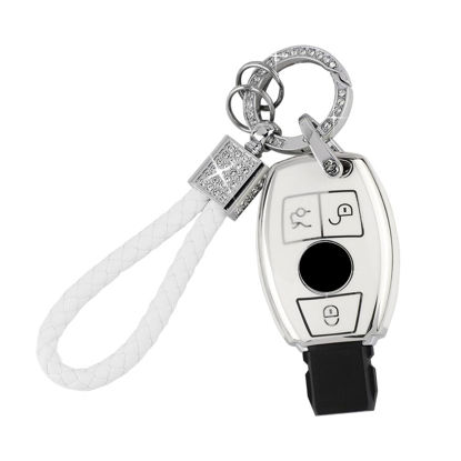 Picture of PIFOOG for Mercedes Key Fob Cover 3 Buttons Soft TPU Keys Protector Bling Keychain for Mercedes Benz C E M S CLS CLA GLK GLA GLC GLE AMG Class Girly Cute White Silver