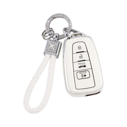 Picture of PIFOOG Key Fob Cover for Toyota Camry RAV4 Corolla C-HR Avalon Highlander Prius Smart Keys Case Shell Protector Bling Keychain Accessories 4 Button TPU Girly Women White Silver