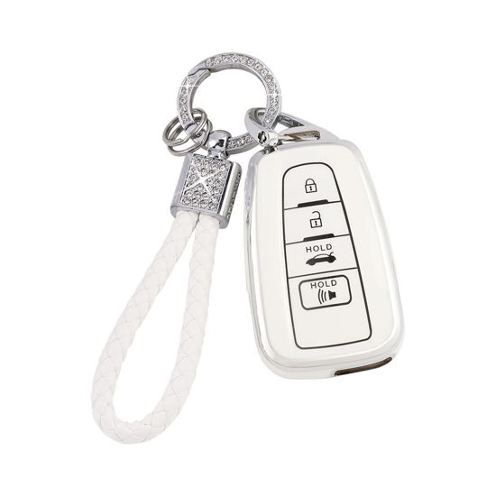 Picture of PIFOOG Key Fob Cover for Toyota Camry RAV4 Corolla C-HR Avalon Highlander Prius Smart Keys Case Shell Protector Bling Keychain Accessories 4 Button TPU Girly Women White Silver