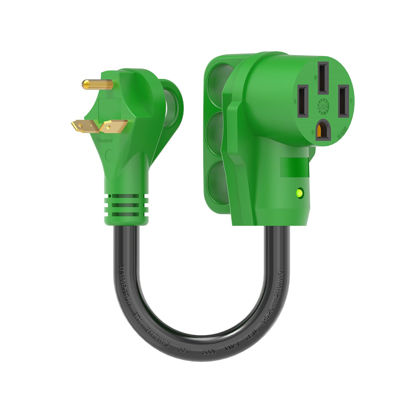 Picture of RVGUARD 30 Amp to 50 Amp RV Adapter Cord 12 Inch, NEMA TT-30P to NEMA 14-50R, Dogbone Electrical Converter with LED Power Indicator and Disconnect Handle, Green, ETL Listed