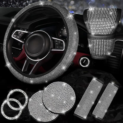 Picture of NBTEPEM 8 pcs Bling Car Accessories Set for Women, Bling Rhinestone Diamond Steering Wheel Cover, Sparkly Seat Belt Covers, Bling Gear Shift Cover, Universal Fit Most Cars (Silver Diamond)