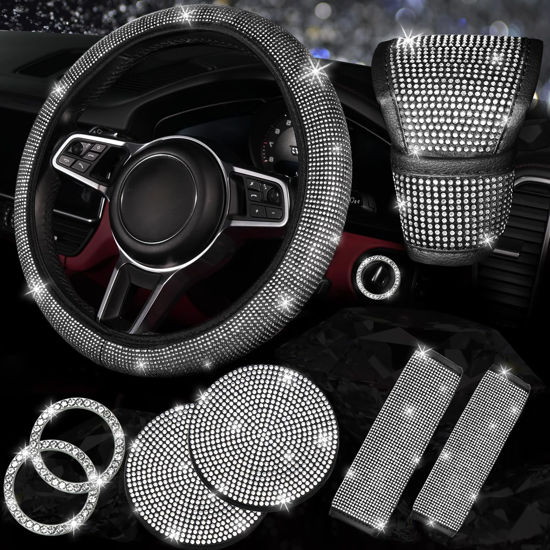 Picture of NBTEPEM 8 pcs Bling Car Accessories Set for Women, Bling Rhinestone Diamond Steering Wheel Cover, Sparkly Seat Belt Covers, Bling Gear Shift Cover, Universal Fit Most Cars (Silver Diamond)