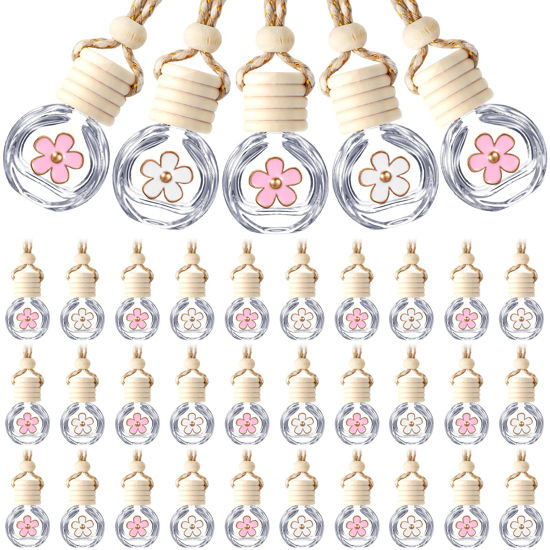 Picture of BBTO 50 Pcs Hanging Car Air Freshener Car Diffuser Bottles Empty Glass Perfume Bottle Freshener Diffuser Bottle Pendant for Essential Oil Fragrance Aromatherapy Bottle Ornament (Clear,Flower)