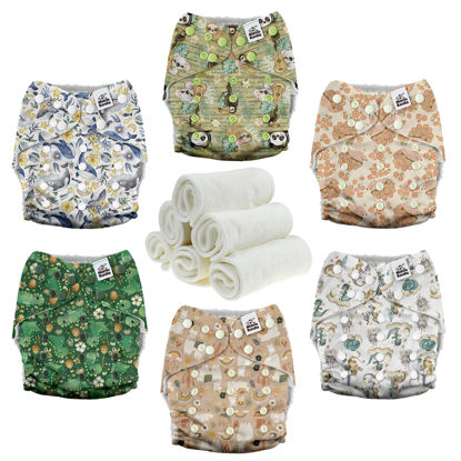 Picture of Mama Koala 3.0 Cloth Diapers for Babies with AWJ Lining, 6 Pack with 6 4-Layer Natural Cloth Diaper Inserts - Reusable and Washable Pocket Diapers (Animal Legends)