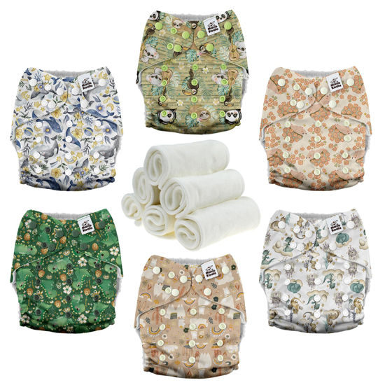 Picture of Mama Koala 3.0 Cloth Diapers for Babies with AWJ Lining, 6 Pack with 6 4-Layer Natural Cloth Diaper Inserts - Reusable and Washable Pocket Diapers (Animal Legends)