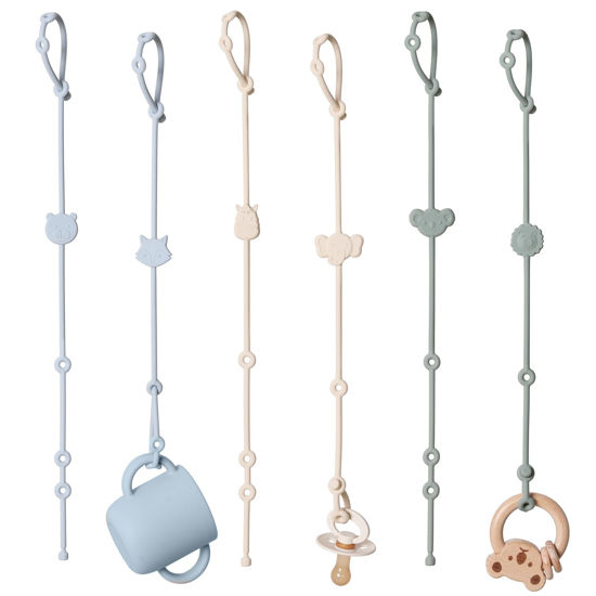 Picture of ROCCED Toy Straps for Baby 6pcs, Silicone High Chair Toys Straps Stroller Accessories Toddler Bottle Straps Car Seat Toys Baby Travel Essential Baby Toy Straps Silicone Ivory+Sage+Baby Blue