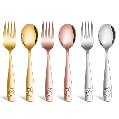Picture of 6 Piece Stainless Steel Kids Silverware Set,Toddler Utensils,Children Safe Food Grade Forks and Spoons,Mirror Polished, Dishwasher Safe