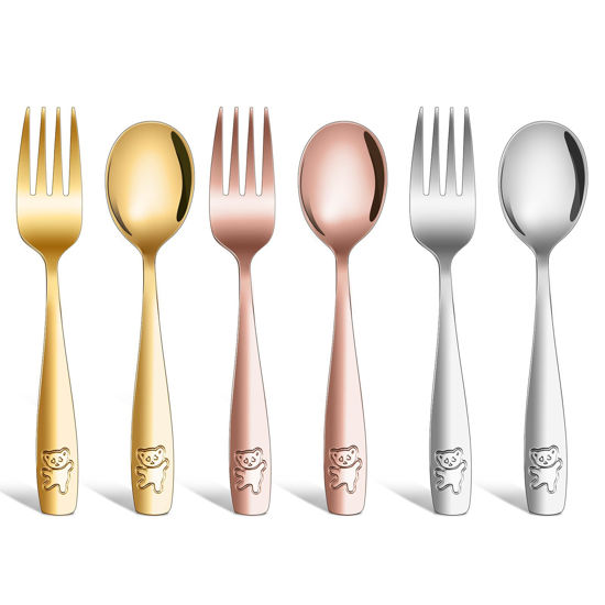 Picture of 6 Piece Stainless Steel Kids Silverware Set,Toddler Utensils,Children Safe Food Grade Forks and Spoons,Mirror Polished, Dishwasher Safe